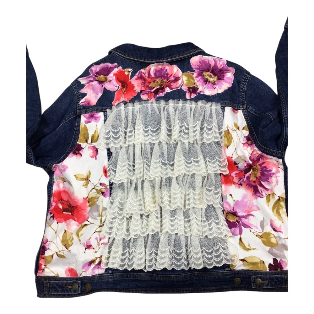 Upcycled Ava & Viv Floral-Accent Dark Blue Denim Jacket One of a Kind 3X - Picture 2 of 9
